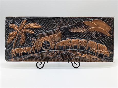 Vtg. Uruguay Hammered Copper Picture " La Carreta " Ox Cart Driver Signed Daneca