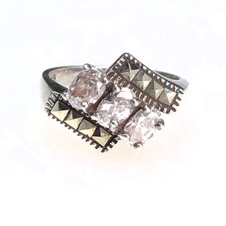 Absolutely Stunning Sterling Silver Marcasite Quartz Rock Crystal Art Deco Ring