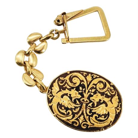 Vintage Spanish Damascene Oval Sea Creatures Keychain