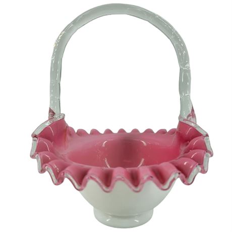 Vintage Fenton Pink and White Milk Glass Silver Crest Basket with Ruffled Edge