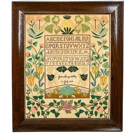 Framed Vintage Jacobean Embroidery Sampler by Jean Raynard Hay