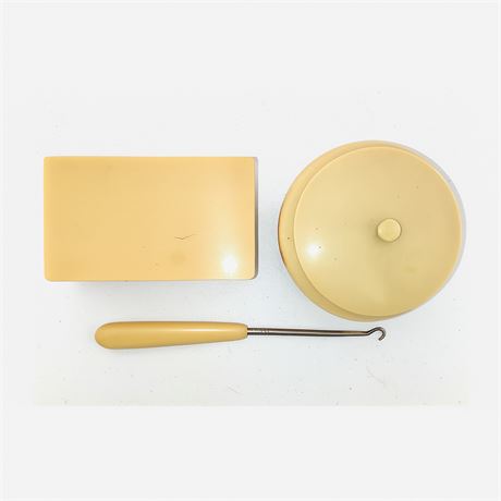 Vintage Butterscotch Celluloid Vanity Set – Powder Box, Trinket Box & Hook