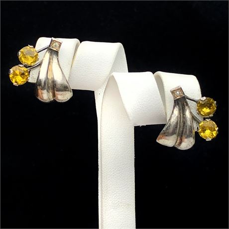 Vintage Sterling Silver Amber Yellow Rhinestone Earrings