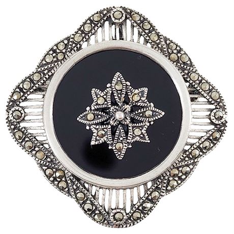 Vintage Sterling Silver, Black Onyx & Marcasite Art Deco Style Brooch/Pendant