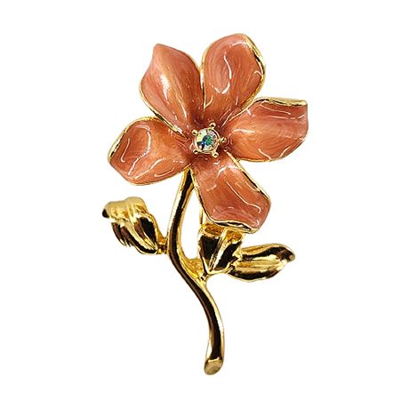 Vintage 90s Joan Rivers Gold Tone Peach Enamel Flower Brooch