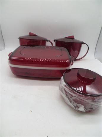 NEW VINTAGE TUPPERWARE 2 CRANBERRY ACRYLIC PITCHERS, 1 RECTANGLE SERVER & DISH