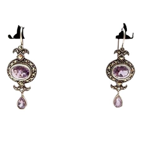 Sterling Silver Amethyst & Marcasite Pierced Earrings