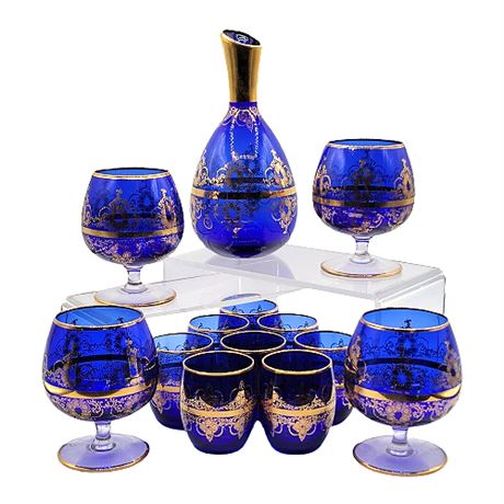 Italian Murano Cobalt Blue Gold Trim Glassware Set