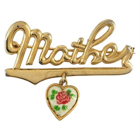 Vintage Guilloche Enamel Heart Mother Brooch