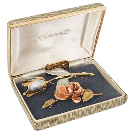 Vintage KREMENTZ & Unsigned Rose Brooches in Box