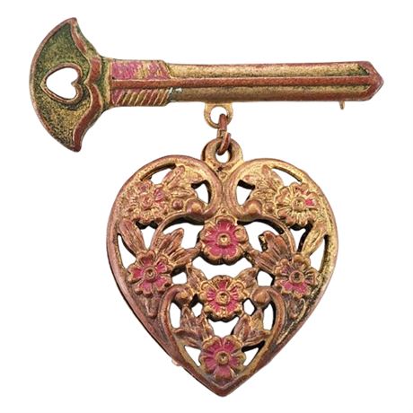 Vintage Brass Filigree Heart & Key Brooch
