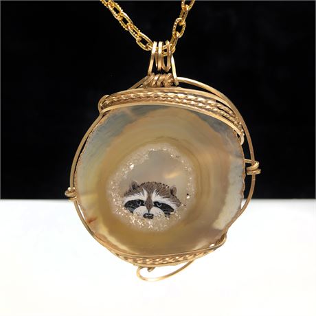 Vintage Crystal Geode Slice Painted Raccoon Wire Wrapped Pendant Necklace