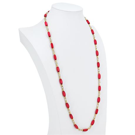 Vintage Hot Pink Wood, Frosted Glass, & Gold Tone Beaded Necklace