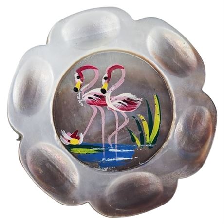 Vintage Hand-Painted Mother of Pearl Flamingos Brooch