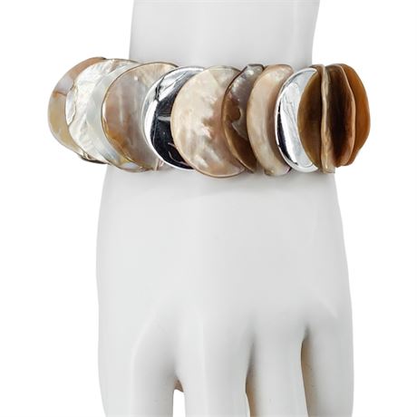 Vintage Mother of Pearl & Silver Tone Chunky Stretch Bracelet
