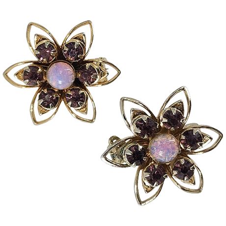 Pair Small Vintage Rhinestone Flower Brooches
