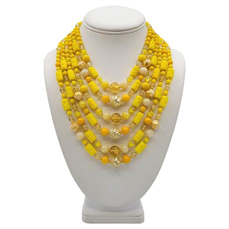 Vintage Mid-Century LISNER 6-Strand Yellow Bead Statement Necklace