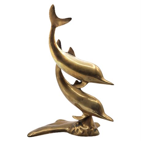 Mid-Century Brass 12" Double Dolphin Statue