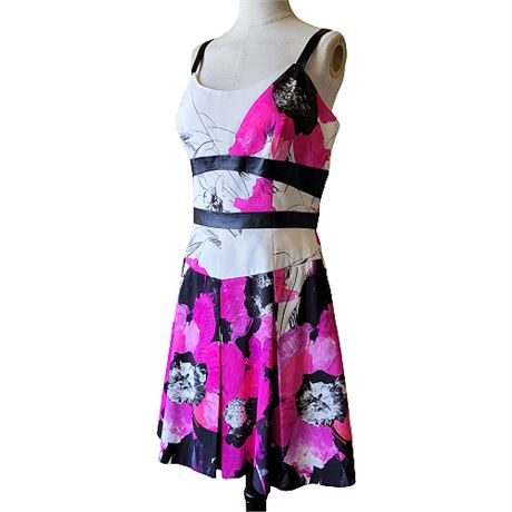 Milly Bold Pink Floral Party Dress w/ Leather Trim