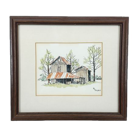 Original Hand Colored Pen & Ink Drawing of a Rustic Farmhouse by ME Golden