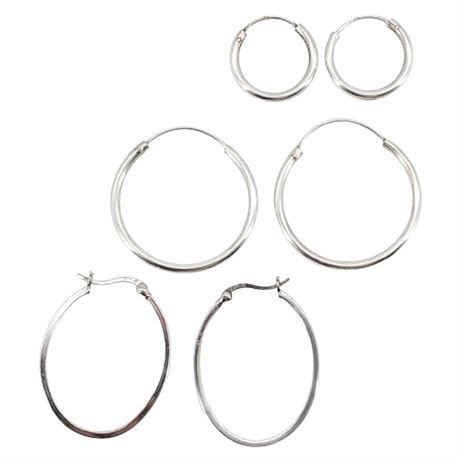 Vintage Sterling Silver Hoop Earrings, Three Pairs