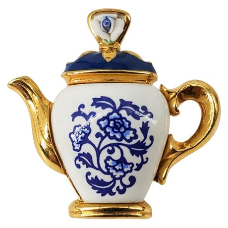 Vintage AVON Blue & White Porcelain Teapot Lapel Pin