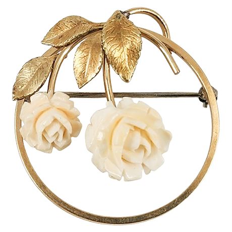 Signed Vintage KREMENTZ Carved Bone Roses Circle Brooch