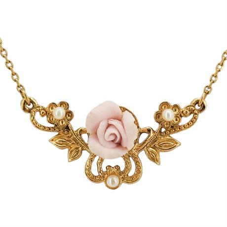 Vintage AVON Victorian Revival Porcelain Rose Pendant Necklace