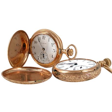 Vintage Elgin Pocket Watch Lot of 2, Gold Tone Open-Face & Hunter Case