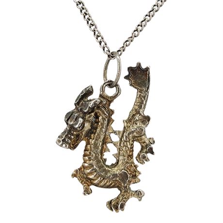 Vintage Antiqued Silver Tone Dragon Pendant Necklace