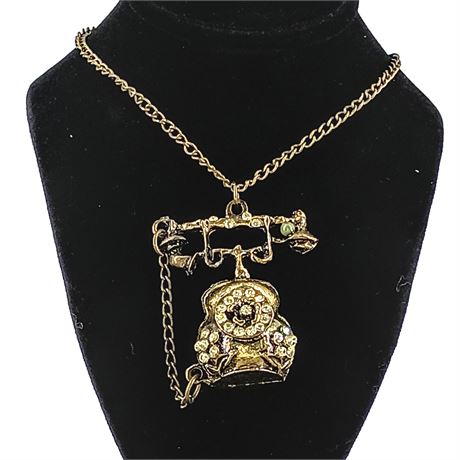Vintage Gold-Tone Rotary Telephone Pendant Necklace – Rhinestone Accents – Retro