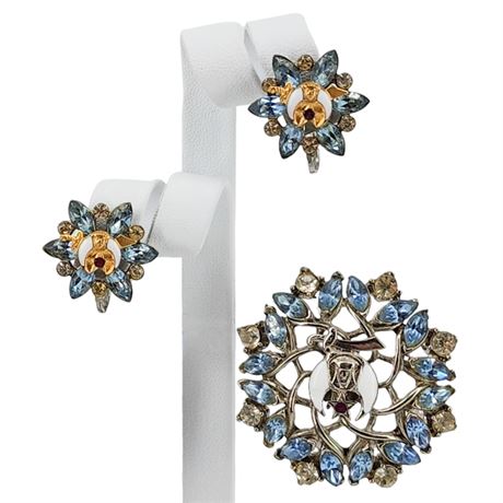 Vintage Masonic/Shriner Rhinestone Brooch & Screwback Earrings, Flawed