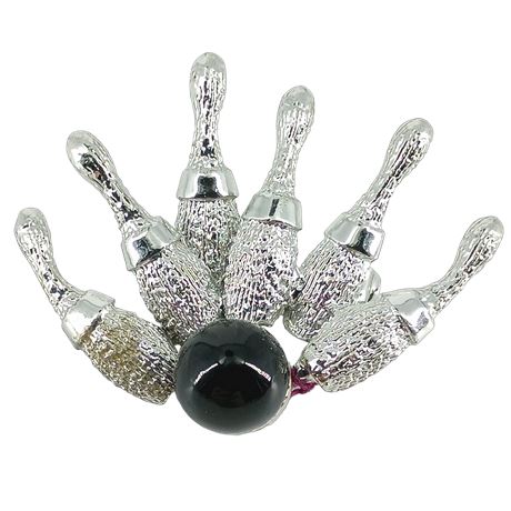 Vintage Signed Dodds Silver-Tone Bowling Pins with Black Cabochon Bowling Ball