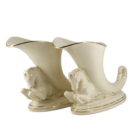 Vintage Pair of Princeton Pottery Ceramic Hippocampus Cornucopias