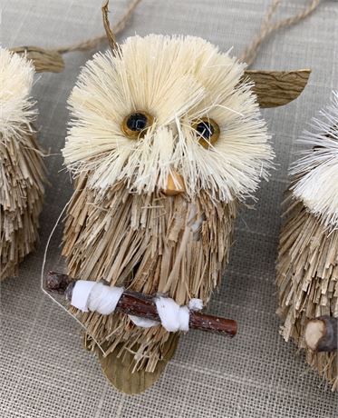 Adorable Trio of 3” Straw Owl Ornaments
