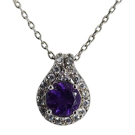 Silver Tone Purple Spinel & CZ Pendant Necklace