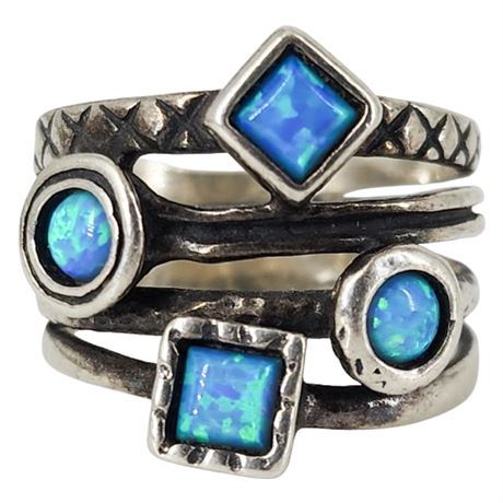 Signed Shablool Sterling Silver Lab Created Blue Opal Ring, Sz 8