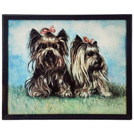 Mid-Century Silton Yorkshire Terriers Litho Art Print on Board