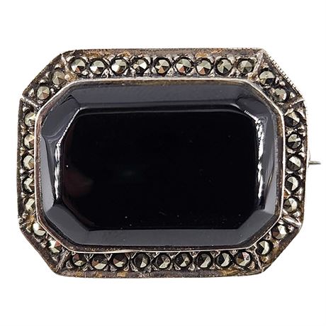 Vintage Art Deco Sterling Silver Marcasite Black Onyx Brooch