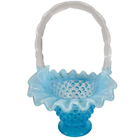 Vintage Fenton Aqua Hobnail Art Glass Bowl with Ruffled Edges
