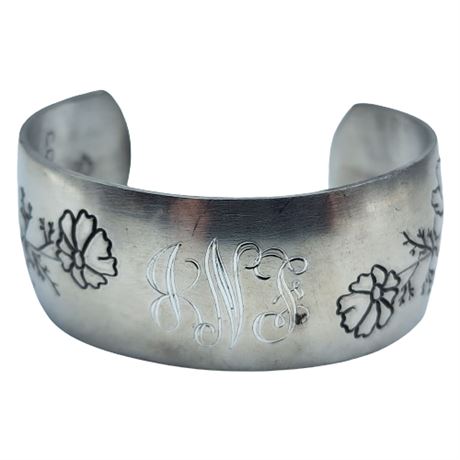 Signed Cosmos Pewter Floral Monogram Cuff Bracelet