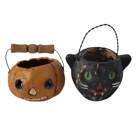 Vintage Cat & Pumpkin Miniature Baskets Rustic Bucket