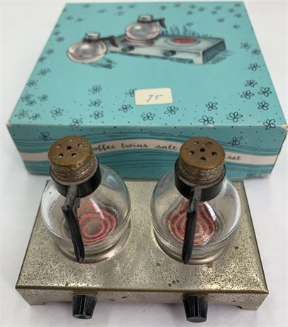 Vintage Metal & Glass Hotplate Coffee Salt & Pepper Shakers with Box