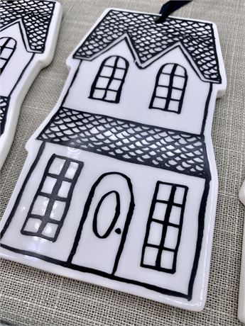 3 Black & White Glazed Bisque Victorian Style House Ornaments