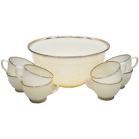 Anchor Hocking Sandwich Ivory Milk Glass Punch Bowl & Cups