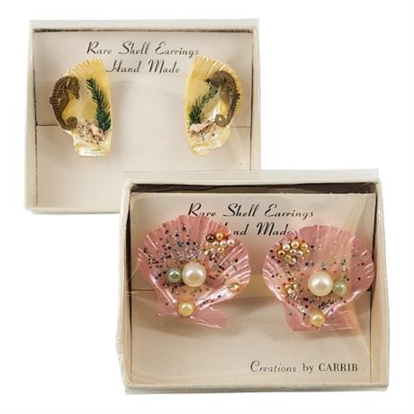 Two Pairs Vintage Handmade Rare Shell Screwback Earrings, New in Boxes