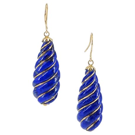 Vintage Signed 14K Gold Lapis Lazuli Spiral Drop Earrings