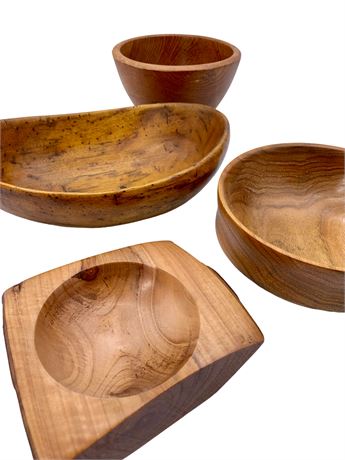 4 Lovely Lathe & Hand Carved Wood Bowls