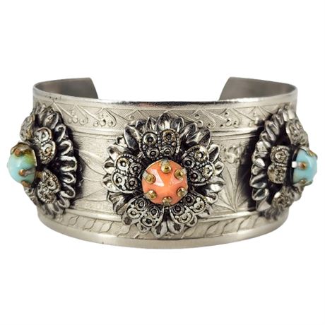 Vintage Silver Tone Faux Gemstone Cuff Bracelet