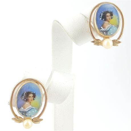 Signed Carl Art 12K Gold Filled Portrait Screw Back Earrings, Vintage Cameo